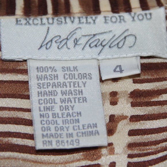 Lord & Taylor Vintage Silk Brown Cream Print Blouse Shirt Long Sleeve Top Size 4 - Picture 3 of 8